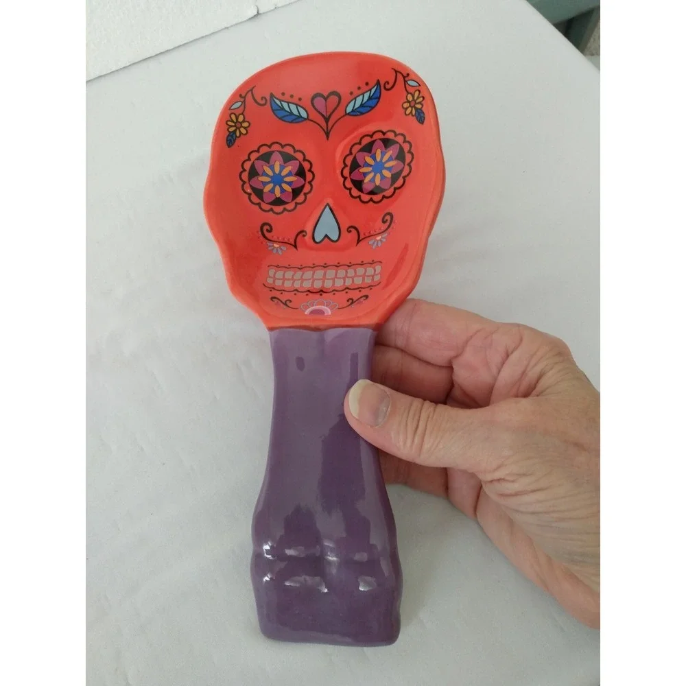 Sugar Skull Spoon Rest Halloween Decor Red & Purple Dia de Los Muertos Kitchen